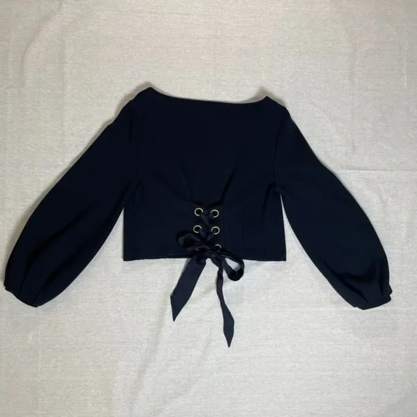 Maeve Anthropologie | Black Tie-Back Ponte Pullover Balloon Sleeve Top | Small - Image 5