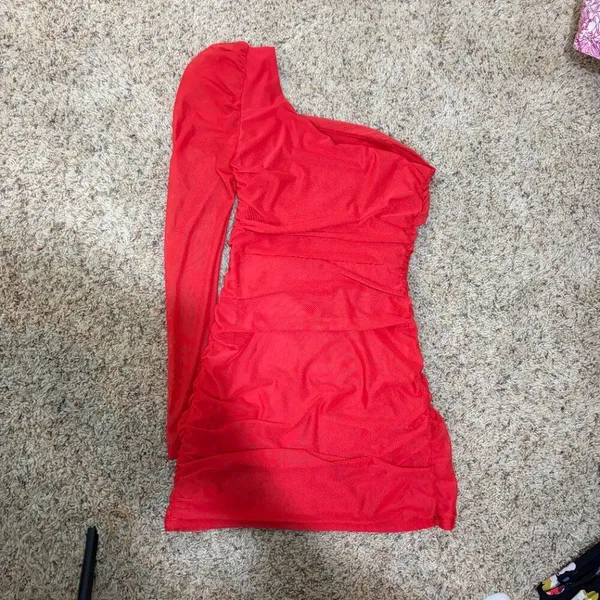 Lucy in the Sky Size S Larissa One Shoulder Long Puff Sleeve Mesh Mini Dress Red - Image 7