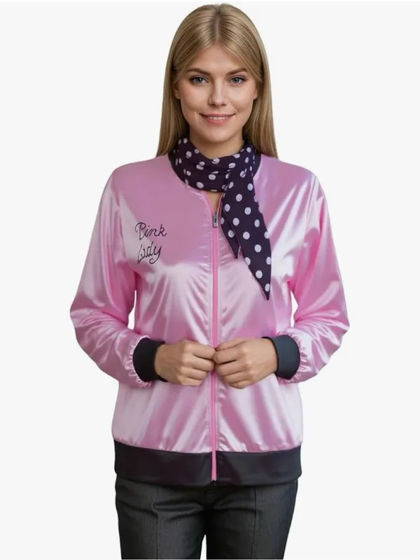 Classic 1950s Lady Satin Jacket with Spotted Neck Scarf and accessories - Image 2