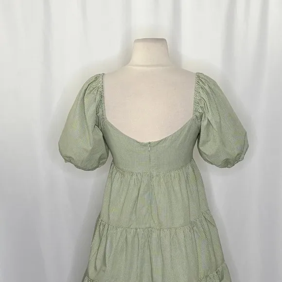 NIA Silvana Green White‎ Gingham Babydoll Dress Tiered Mini Summer Puff Medium - Image 8