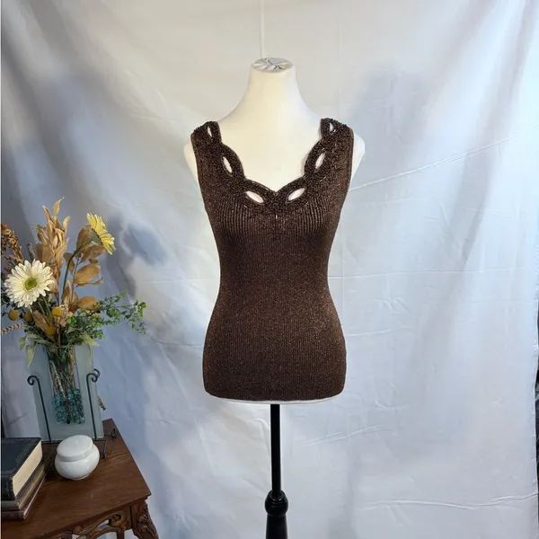 Vintage Cache Beaded Metallic Ribbed Tank Top Size Medium🧡 - Image 3