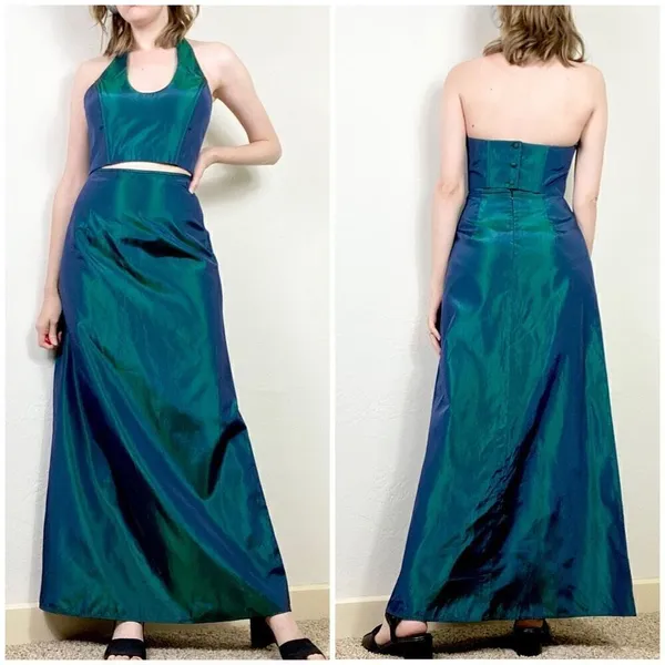 Vintage 00’s Jessica McClintock Gunne Sax Teal Iridescent 2 Piece Formal Dress 5 - Image 2