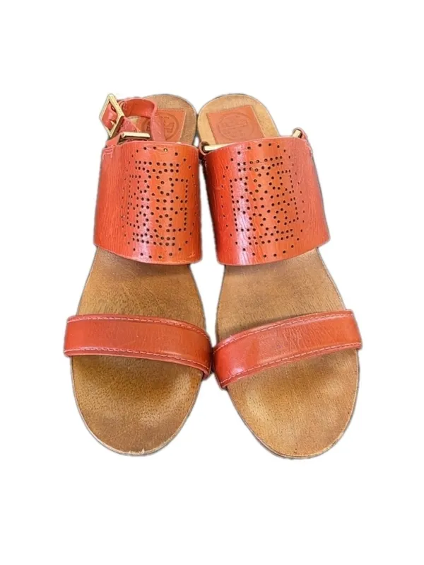 Tory Burch Womens Orange Gold Leather Wooden Wedge Sandals Size 9 Boho Preppy - Image 2