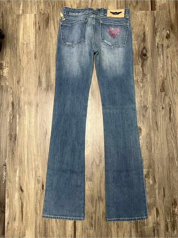 Vintage Y2K Twisted Heart Low Rise Flare Jeans Pink Rhinestone Embellished 27x35 - Image 7