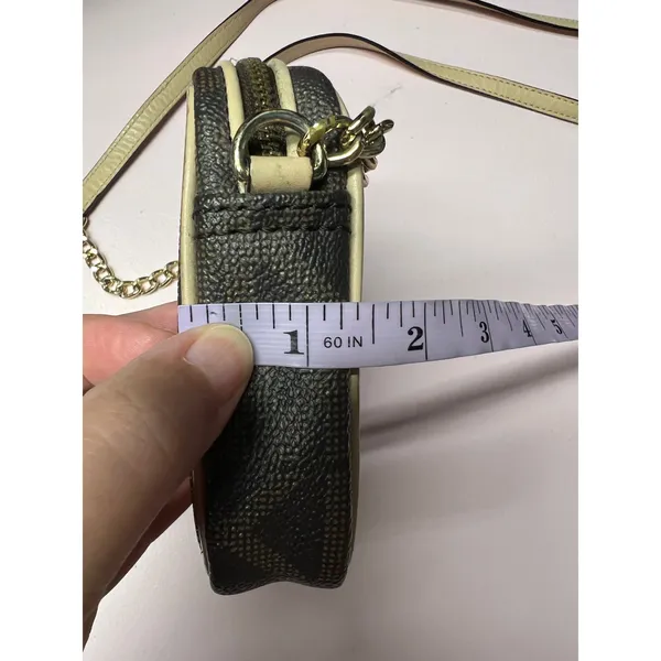 Michael Kors Monogram Small Crossbody Brown Beige Zip Chain Strap Gold Hardware - Image 11