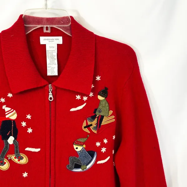 Jones NY Small Chrismtas Sweater Wool Cardigan Novelty Holiday Ugly‎ Red 1705 - Image 3