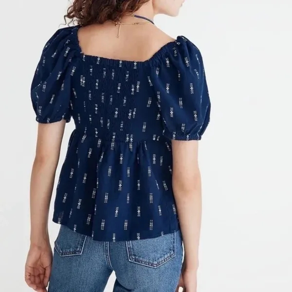 Madewell Sz M Jacquard Navy Puff Short Sleeve Cropped Top Blouse V Neck Pullover - Image 2