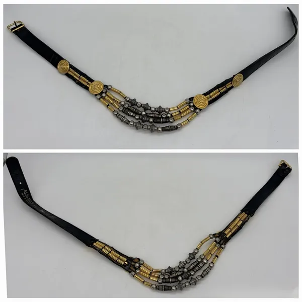 Vintage Avignon Womens M Belt Black Leather Silver & Gold Beading Boho Western - Image 2