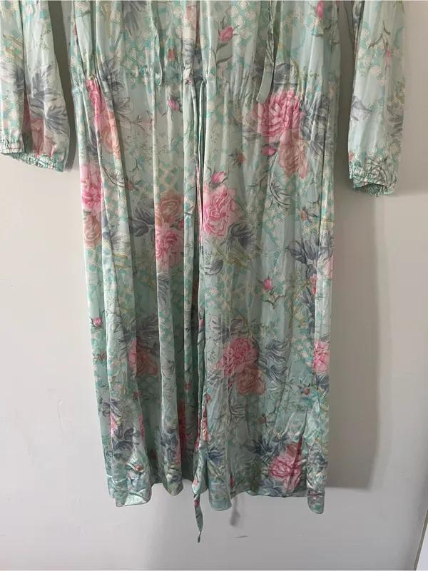 Floral Mint Green Pink Satin Maxi Dress Medium Spa Resort Lounge Caftan Beach - Image 3