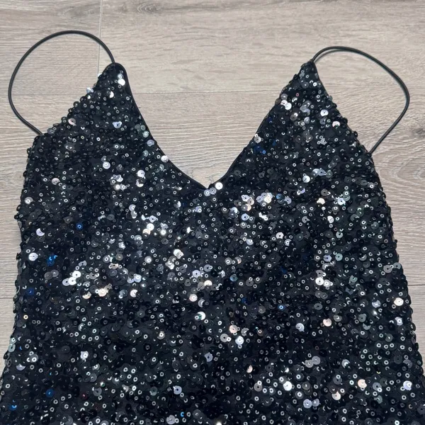 Lulus Force of Fashion Black‎ Sequin V-Neck Spaghetti Mini Dress Small S - Image 3