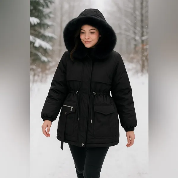 NEW with tags - Black Puffer Parka w/ Detachable Faux Fur Lining + Cinch Waist - Image 6