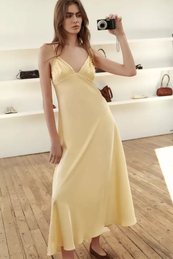 Zara Satin Slip Butter Yellow Maxi Flowy Summer Dress - Image 10