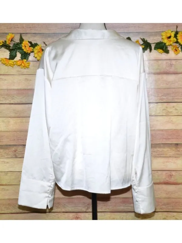 Sanctuary Ivory Button Front Collared Silky Blouse Top Size L V-Neck Career - Image 9