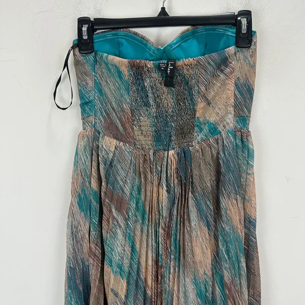 Lulus Juniva Teal Multi Abstract Print Pleated Bustier Midi Dress Cocktail S NWT - Image 10