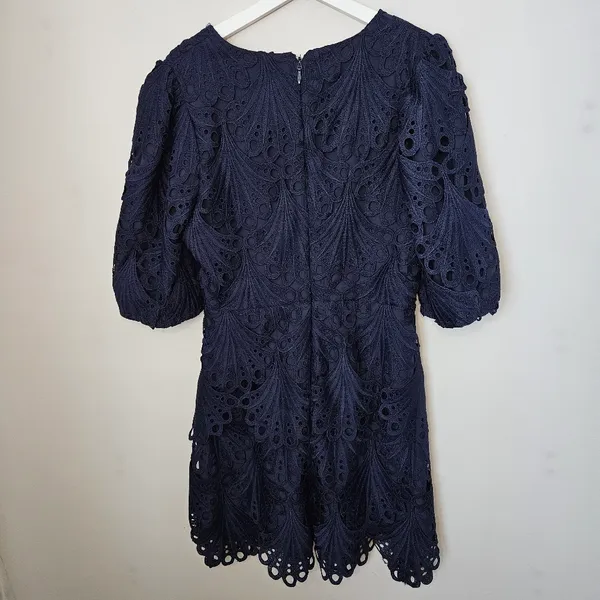 Adelyn Rae Harper Lace Mini Dress Cocktail Scallop Navy Blue Empire-waist V-neck - Image 5