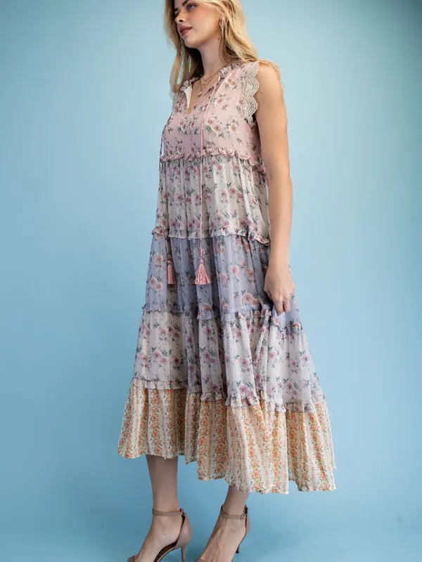 Vintage Floral Ruffled Tiered Midi Dress - Image 4