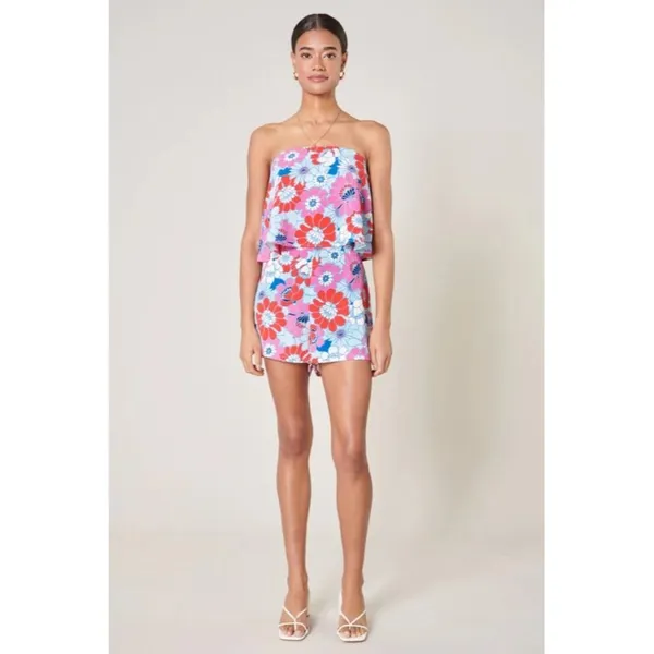 Sugarlips Berry Mix Floral Strapless Romper Size Large Retro Pink Blue White - Image 10