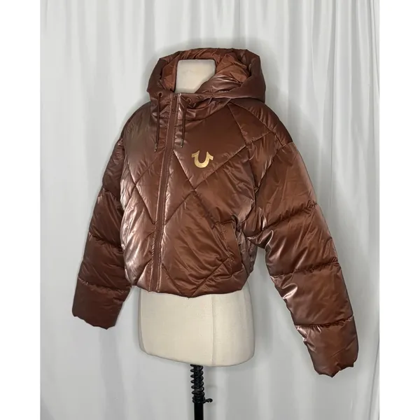 NWT!! TRUE RELIGION High-Shine Metallic Hooded Puffer Jacket Bronze Large - Image 7