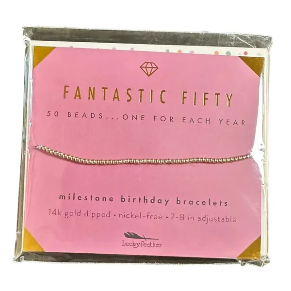 NIB LUCKY FEATHER 14K Gold Dipped Milestone 50th Birthday Stretch Bracelet - Image 2