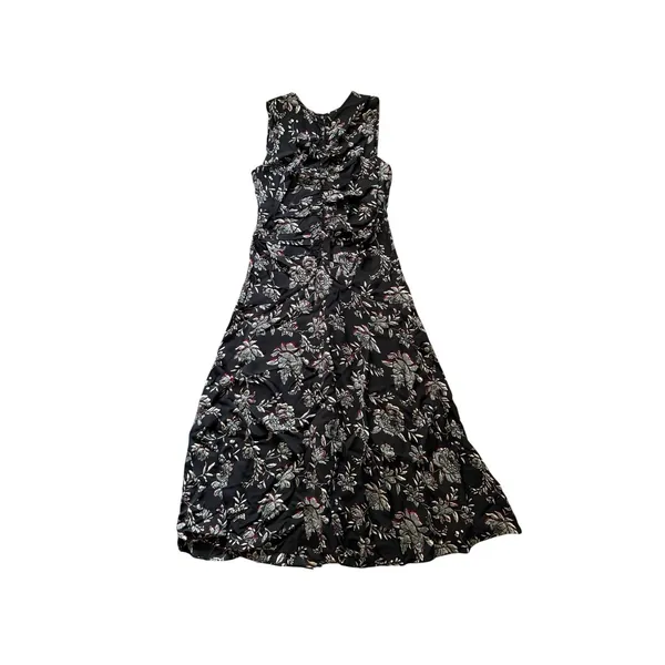 J.Crew Veranda Dress Size 12 Black Floral Midi Sleeveless Ruched Waist Boho - Image 4