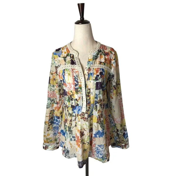 Maeve Abella Blouse Women 0 Ivory Floral Patchwork Pin Tuck Cotton Top Boho - Image 2