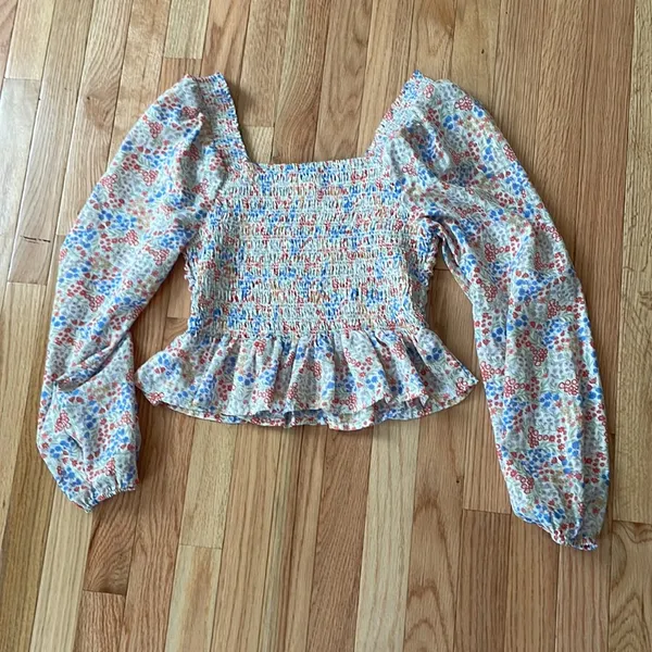 Japna Shirt Womens Medium White Blue Floral Print Puff Sleeve Smocked Ladies - Image 10