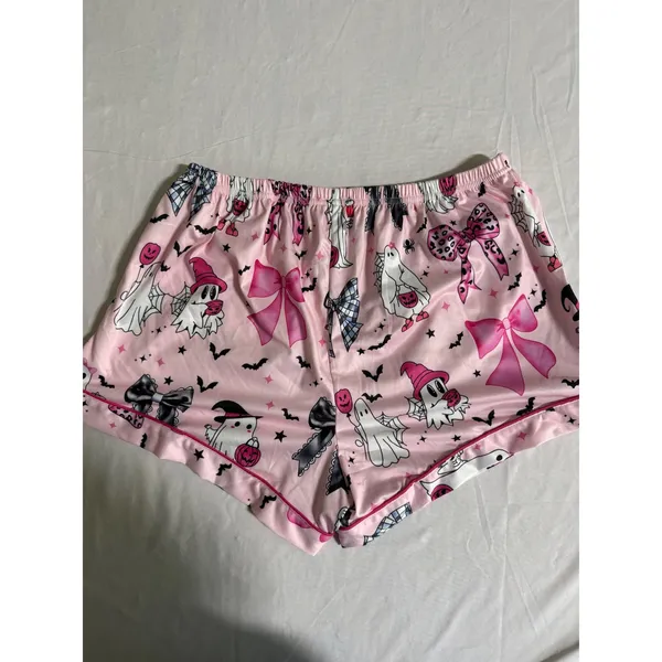 Pink Halloween Ghost Bow Pajama Set Short Sleeve Button Down Shorts Womens Large - Image 9