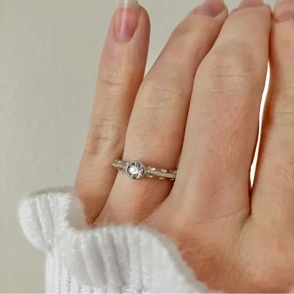 Bezel Silver Knife Edge Diamond Ring Vintage “Tamsin” Inset Simple Stacking Jewelry - Image 2