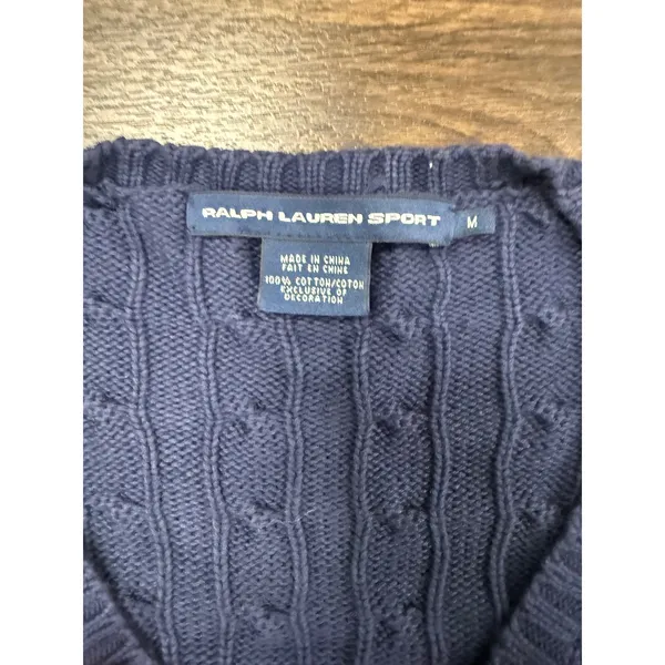 Ralph Lauren Sport Cable Knit V-Neck Sweater Navy Blue Red Pony Women's M - Image 3