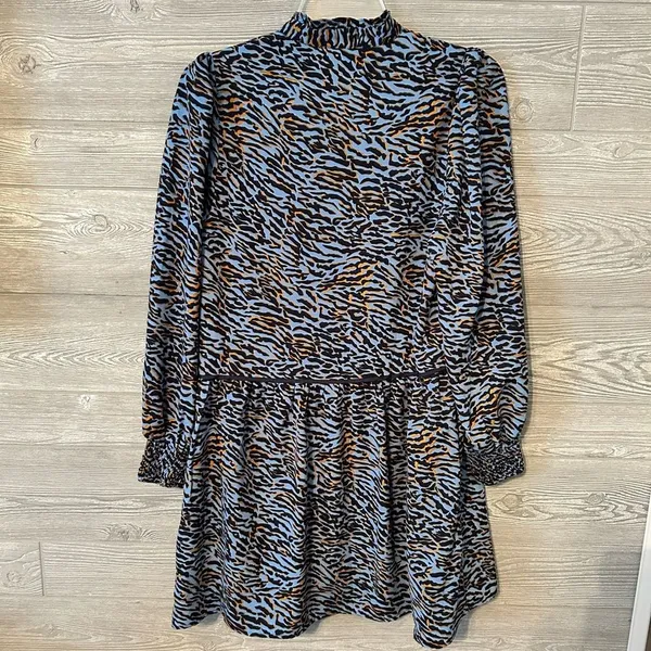 Joy Joy Women Animal Print Blue Tie Neck Long Sleeve Tiered Dress XS‎ - Image 4