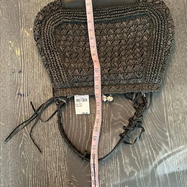 Nordstrom Black Straw & Leather Shoulder Bag Women's Closure Fabric Lined NWT - Image 8