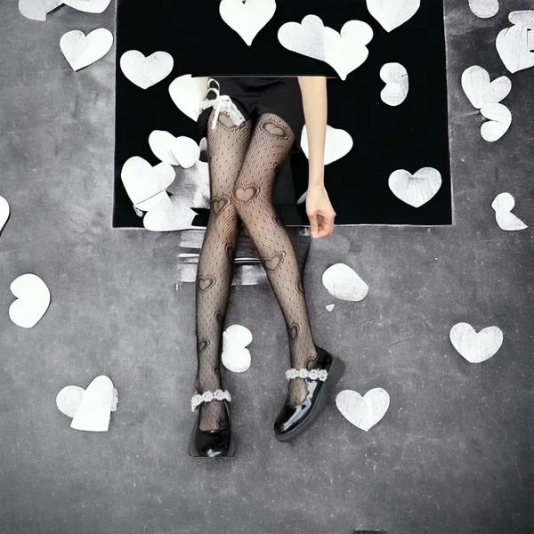 Heart Print Mesh Tights Black Sexy Cut Out High Waist Fishnet Pantyhose One Size - Image 8