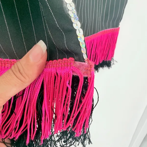 Homemade Pinstripe Fringe Sequin Pencil Skirt Sz M Hot Pink Y2K Festival Flapper - Image 8