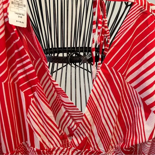 NWT Neiman Marcus Red White Abstract Stripe V-Neck Mini Dress | Size L - Image 11