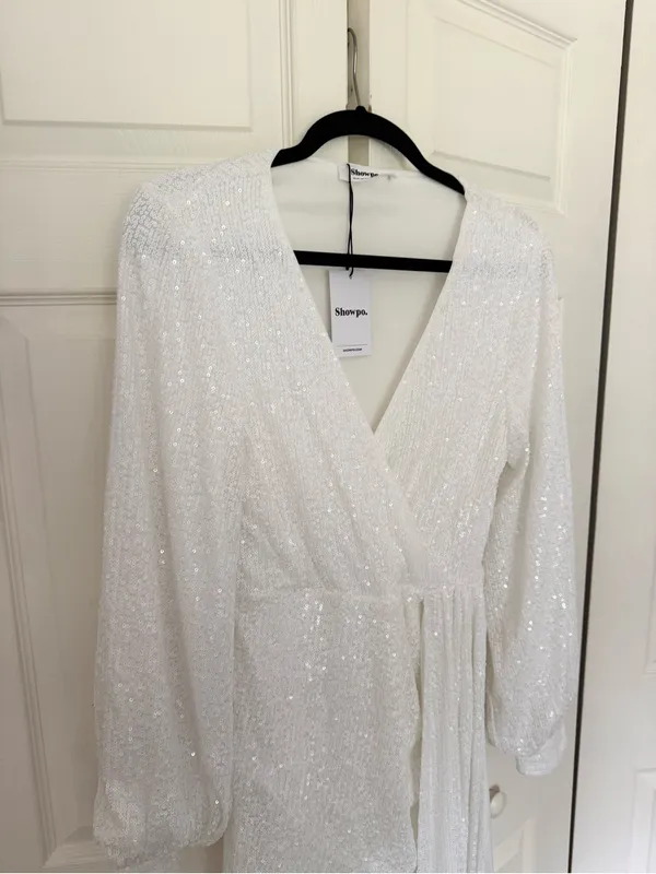 NWT Showpo Claudilyn Drape Long Sleeve Faux Wrap Mini Dress White Sequins US 6 - Image 4