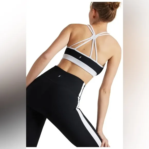 Women's Black and White Strappy Sports Bra - Image 2