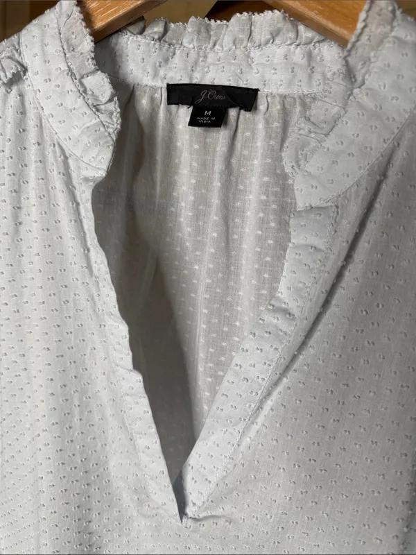 J.Crew Classic Sky Blue Clip Dot Ruffle Trim Popover Blouse Size Medium - Image 9