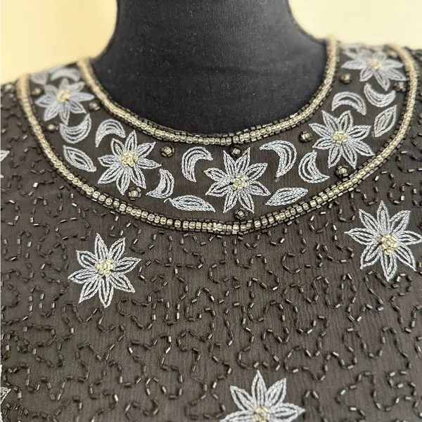 Vintage Cote d’Azur Black Beaded Top | Silk Floral Embroidery size small - Image 3