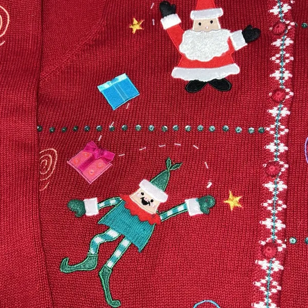 Vtg Karen Scott‎ Ugly Christmas Sweater Women Large Red Cardigan Elf Santa Ramie - Image 6