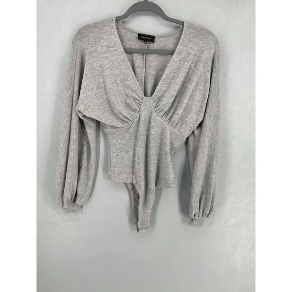 Majorelle Women Bodysuit Gray V-Neck Balloon Sleeve Knit Small - Image 3