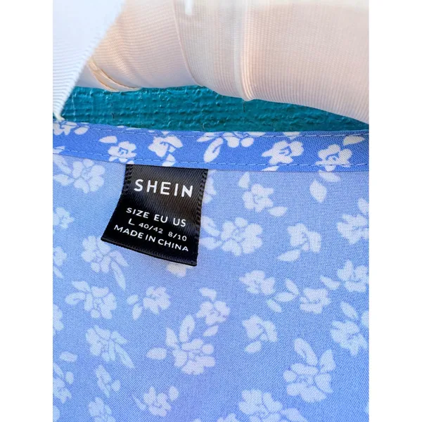SheIn Blue Ditsy Floral Button Front Midi‎ Dress Womens Size Large 8/10 V-Neck - Image 5