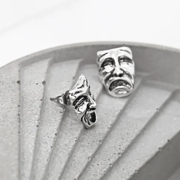 Silver Theatrical Mask Stud Earrings - Image 5