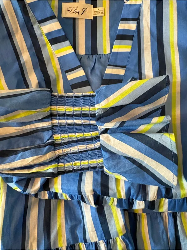 Eliza J Tiered Three Quarter Sleeve Dress Womens 8 Blue Excellent Striped V-Neck - Image 5