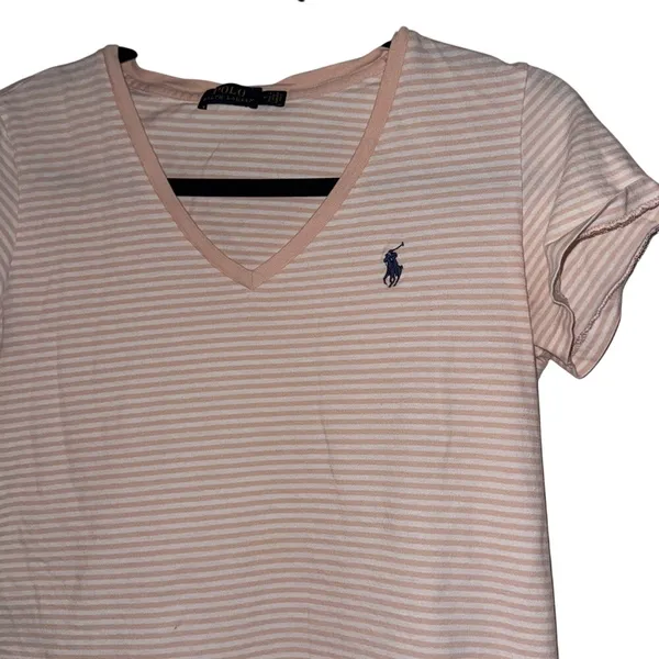 Polo Ralph Lauren Striped V-Neck T-Shirt‎ Women's Pink White Medium - Image 3