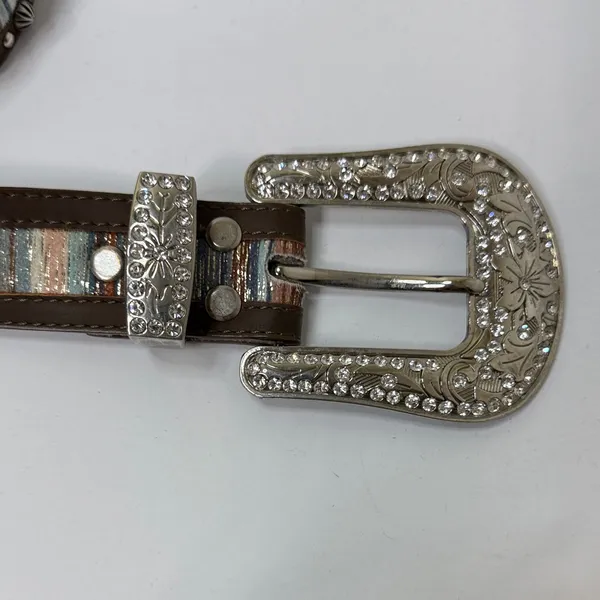 Studded Multicolor Leather Belt with Silver Buckle Brown - Image 2