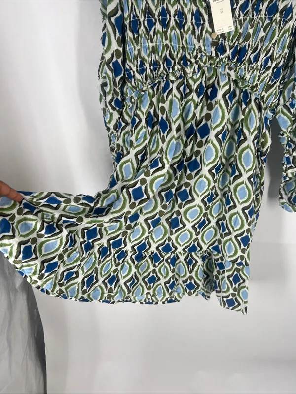 Anthropologie Navy and Cream Geometric Ruffle Mini Dress - Image 7