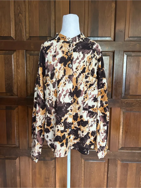 POL Womens Small Cow Print Button Down Satin Shirt Oversized Western‎ Boho Top - Image 2