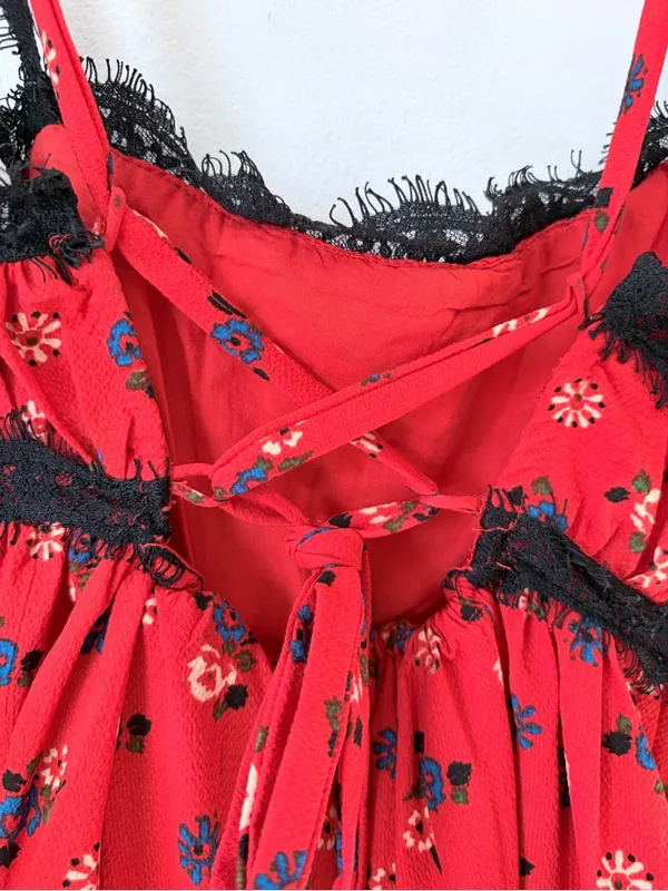 Urban Outfitters Elaina Strappy Lace Red Floral Babydoll Mini Dress size SP - Image 8