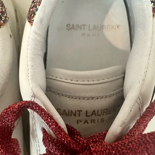 Saint Laurent Paris White Leather Glitter Diamond Patch Low Top Sneakers Size 36 - Image 8
