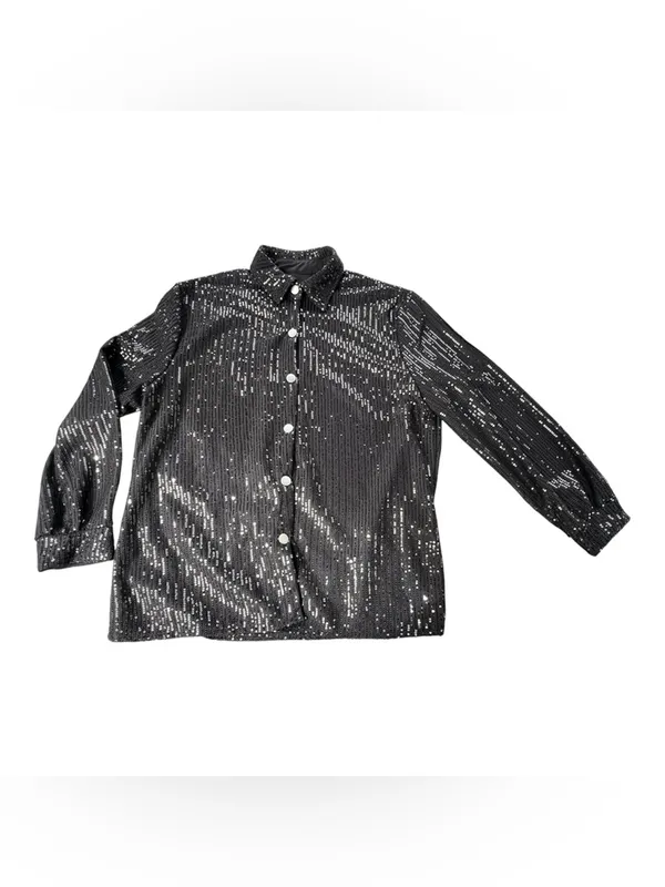 Woman's Large Black Sequin Button Down Shirt Jacket Long Sleeve Sparkle Party - Image 7